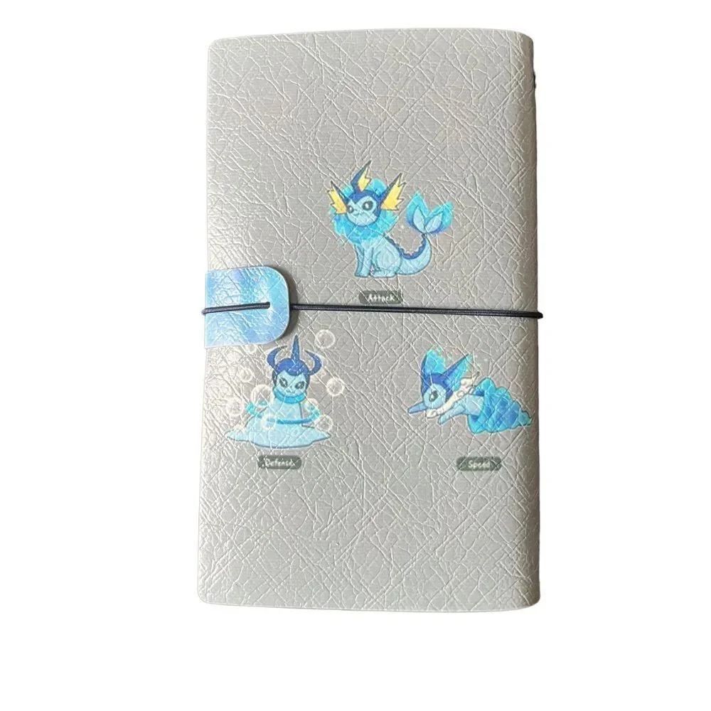 Vaporeon Pokémon Gray Faux Leather Reusable Travelers Notebook 8x4.5”
